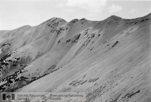 Photo 129641 : Partie dune vue panoramique (complétée par les images 129640 et 129639) de la crête Toongs entre la faille (de chevauchement) qui recoupe le flanc  ...