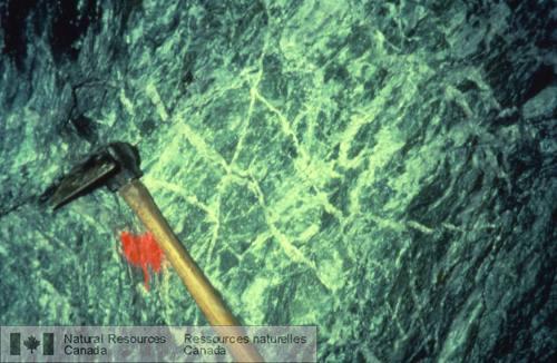 Photo 1999-015J : Minerai carbonaté de couleur verte constitué dun stockwerk de veines de quartz et de pyrite disséminée dans une roche ultramafique altérée; mine Kerr  ...