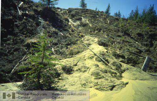 Photo 1999-040E : Érosion par ravinement dune coulée de terre formant la partie inférieure du glissement de la pointe Police