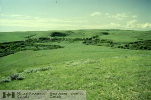 Photo 1999-043B : Cônes alluviaux descendant dune plaine lacustre avec talus tronqués à la base par des terrasses alluviales et des chenaux contemporains.