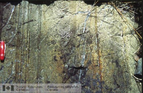 Photo 2002-416J : Lits de roches sédimentaires volcanoclastiques à grains fins, faiblement granoclassés, séparés par de fines couches ou des lamines pélitiques.