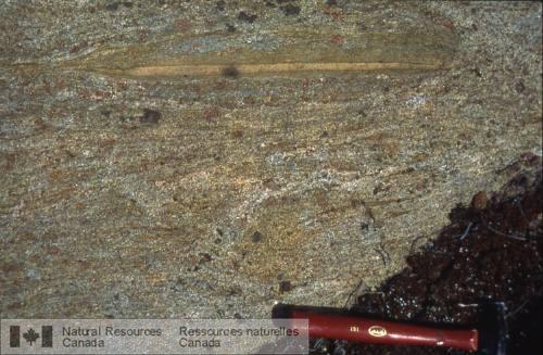 Photo 2002-416P : Diatexite leucocrate de la zone à grenat à stratification diffuse