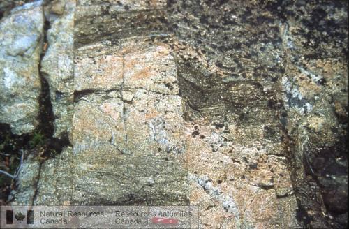 Photo 2002-416WW : Failles cassantes de petite échelle dans du gneiss granitoïde migmatitique de lArchéen