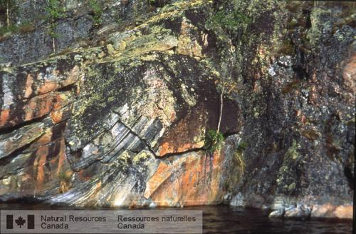 Photo 2002-416X : Trondjhémite et gneiss mylonitique mafique interstratifiés, recoupés par du granite massif
