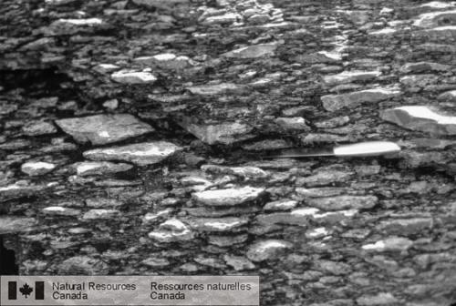 Photo 2002-789 : Brèche de cisaillement dans la dacite de Thlewycho le long de la rive nord-est du lac Jim Magrum. La fabrique planaire marquée, définie par  ...