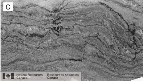 Photo 2002-819 : Détails dune microstructure qui comprend de petits bombements stromatolitiques. Les lamines sont presque entièrement constituées de dolomie. De  ...