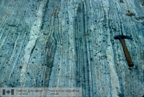 Photo 2003-036 : Gneiss granitique avec foliation et rubanement marqués et rectilignes (Complexe gneissique de Bondy ). Les niveaux mafiques et felsiques  ...