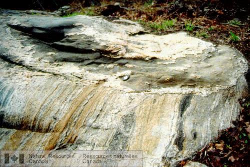 Photo 2003-044 : Métabasite rubanée représentant un niveau possible de roches volcaniques (Complexe gneissique de Bondy)
