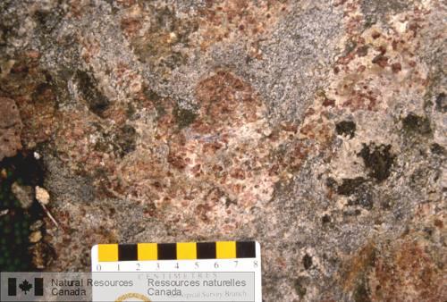 Photo 2003-053 : Gneiss alumineux, de patine grise, à cordiérite, grenat, feldspath potassique, orthopyroxène, plagioclase et quartz avec intercroissance cordiérite  ...