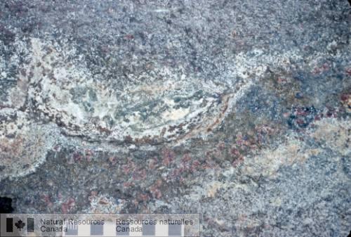 Photo 2003-055 : Gneiss alumineux rubané avec un niveau de grenatite et un leucosome massif entouré d'un mélanosome à biotite (Complexe gneissique de Bondy). Dans le  ...