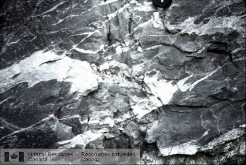 Photo 2003-123 : Fabriques d'écoulement magmatique dans un  dyke composite avec mélange de magmas de la Suite intrusive de Chevreuil. Un niveau granitique présente  ...