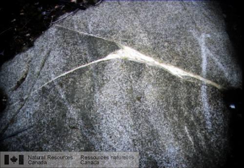 Photo 2003-129 : Dyke de pegmatite mylonitisé dans l'Intrusion litée de Montjoie