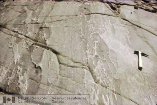 Photo 2003-165 : Dyke composite mafique-felsique avec textures de mélange de magmas dans la zone de Nominingue-Chénéville
