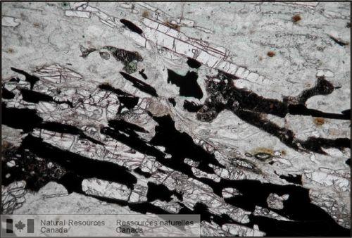 Photo 2006-060 : Microphotographies de tectonites métamorphiques prélevées le long de la zone de cisaillement de Maybelle River. Mylonites à sillimanite-graphite  ...