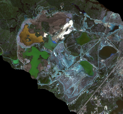 Photo 2011-074 : A mosaic of several flight lines of the Copper Cliff tailing ponds taken Aug 1998 and moasiced and orthorectified by CCRS project staff. This was  ...