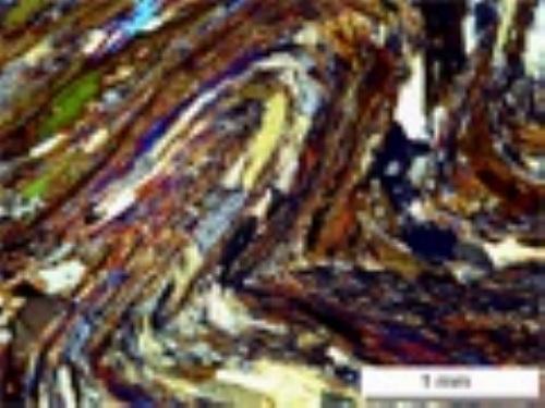 Photo 2012-058 : Folding of an early Bt+Sil schistosity (S1) produced open to isoclinal folds (F2) with no axial planar schistosity. Uniform extinction of quartz and  ...