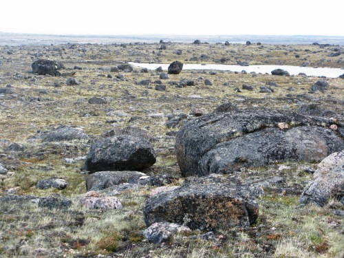 Photo 2013-094 : Boulders, washed till, and bedrock within a subglacial meltwater corridor north of Daly Bay, Nunavut. 
