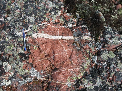 Photo 2013-163 : Quartz vein (epithermal or reactivated) in Pitz Formation rhyolite, Main Chalcedony Stockwork (drill site)
