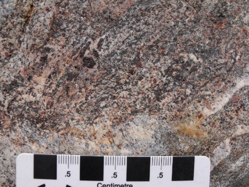Photo 2014-041 : Garnet-staurolite-muscovite-plagioclase-biotite-quartz schist and a quartz vein in the pelitic schist unit
