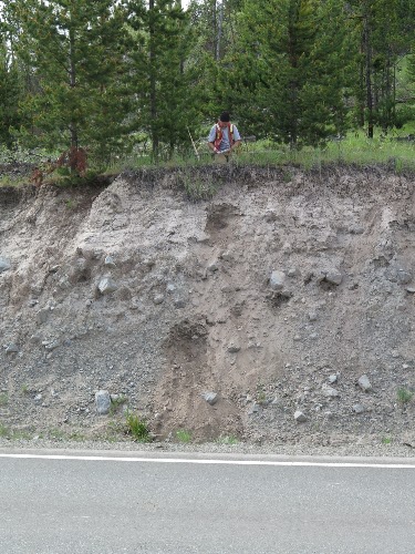 Photo 2019-286: Glacial lake sediment veneer on top of a blanket of till (road cut approximately 3 km west of Logan Lake along Highway 97C)