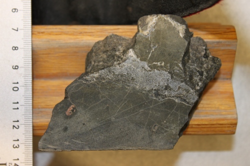 Photo 2019-301 : Large fracture in fresh basalt with minor infilled vesicles. Black scale bars are 1 cm in length.