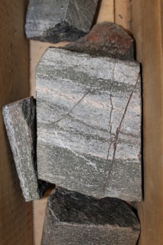 Photo 2019-336: Close-up showing the banded texture of the fine-grained gneiss. Black scale bar is 1 cm in length.