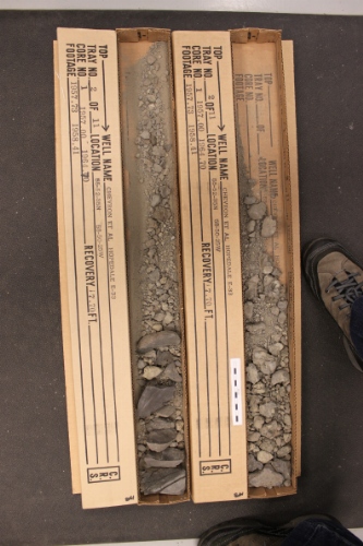 Photo 2019-389 : Photographs of core 1, Hopedale E-33. There are two boxes for every interval intended to represent the opposing slabs of the core. Scale bars are 10  ...