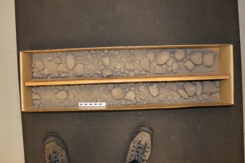 Photo 2019-436: Core box showing the rubbly nature of the core (scale bar is 10 cm in length).