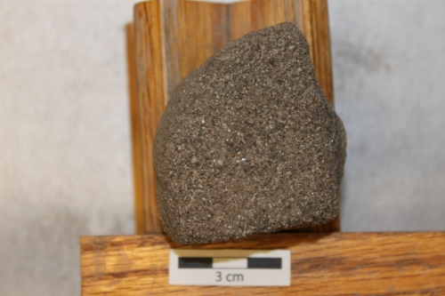 Photo 2019-438 : Upper medium-grained sandstone showing variation in clasts, but dominated by quartz grains. Black scale bars are 1 cm in length.