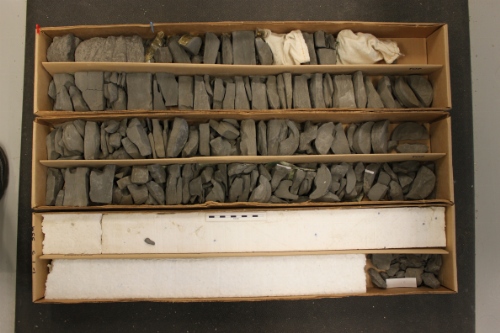 Photo 2019-465: Photograph of cores 1 and 2, Skolp E-07 well. Note the small amount of recovered material in core 1 (top right). The base of the core 2 begins in the  ...