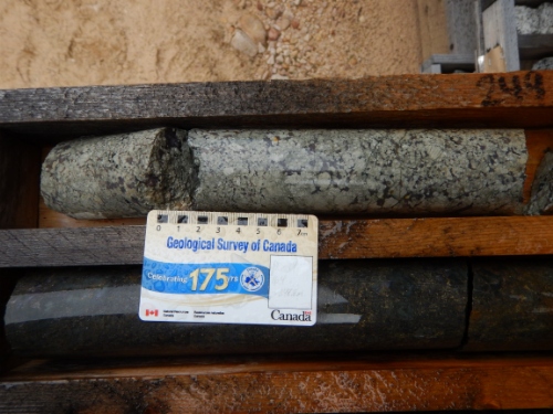 Photo 2019-784: Pyrite-rich, intensely silicified and altered orthogneiss below the ore zones at the Triple R deposit, northern Saskatchewan - Drill hole PLS-14-162,  ...