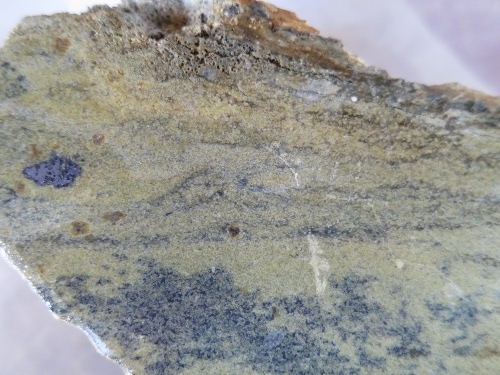 Photo 2020-114 : Hand sample from the C-4 showing of the Shag deposit displaying intense replacement of the dolostone by yellowish, granular sphalerite and white  ...