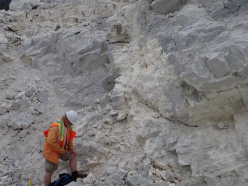 Photo 2020-120 : Mineralization from the Mount Brussilof magnesite deposit: field exposure of white sparry dolomite vein crosscutting grey magnesite ore