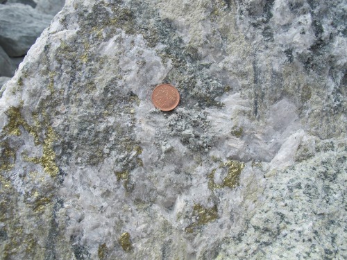 Photo 2020-125: Chalcopyrite and molybdenite in Mine phase tonalite at Gibraltar Mine, south-central British Columbia