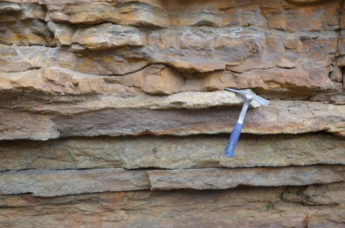Photo 2020-268: Contact of upper Mount Clark Formation and basal Mount Cap Formation between units 35 and 36; hammer length = 27.5 cm