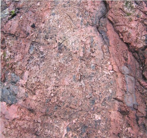 Photo 2020-712 : Stratabound brecciation of albitized volcaniclastic rocks above the 1.87 Ga Mile Lake diorite, Port Radium-Echo Bay district. Early stratabound to  ...