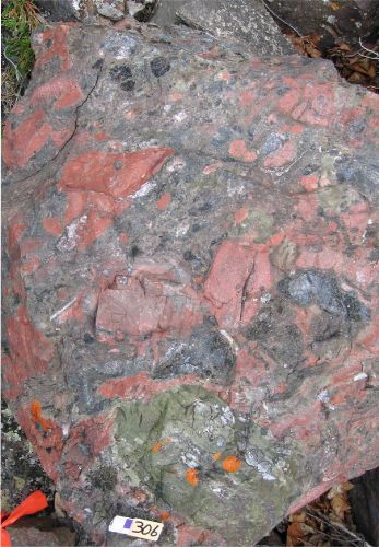 Photo 2020-757: Rebrecciated volcaniclastic breccia with medium- to coarse-grained skarn matrix mineralized in copper sulphides and replaced by K-feldspar, Mile  ...