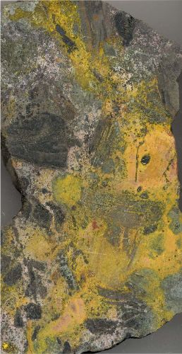 Photo 2020-759: Cobaltinitrite-stained rock slab of Mile Lake breccia where skarn assemblages infill breccia matrix and K-feldspar alteration (yellow stain) replaces  ...