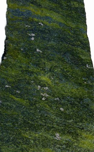 Photo 2020-808: Rock slab of stratabound amphibole-magnetite HT Ca-Fe alteration is overprinted by stratabound to discordant amphibole-magnetite-biotite HT Ca-K-Fe  ...