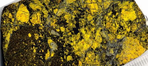 Photo 2020-815: Cobaltinitrite stained rock slab of ore breccia with magnetite-rich matrix and K-feldspar altered clasts at the Sue Dianne deposit. Clasts are  ...