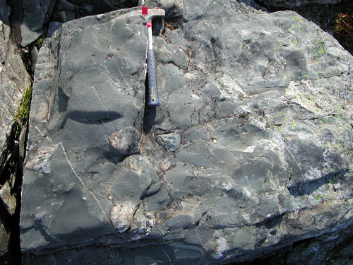 Photo 2020-885 : 5F. Polymict conglomerate within slate of the lower Tasirjuak formation, the Ps4 component of the Ketyet River group, exposed between the western  ...