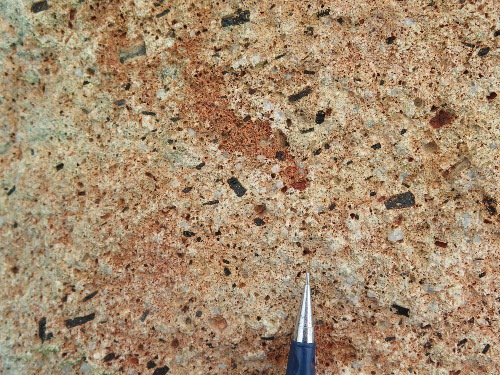 Photo 2021-530 : Mount Nansen Group; hornblende-quartz porphyritic dacite; is volcanic or hypabyssal, with abundant volcanic fragments