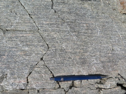 Photo 2021-547 : Sulphur Creek Suite; high strain potassium feldspar augen porphyroclastic granodiorite