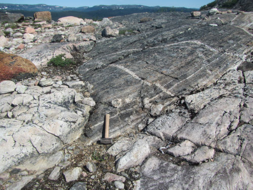 Photo 2022-280: 12627/18CXAD0056B - foliated granite, W of Hopedale intruding Weekes amphibolite.  Hammer for scale is 30cm long