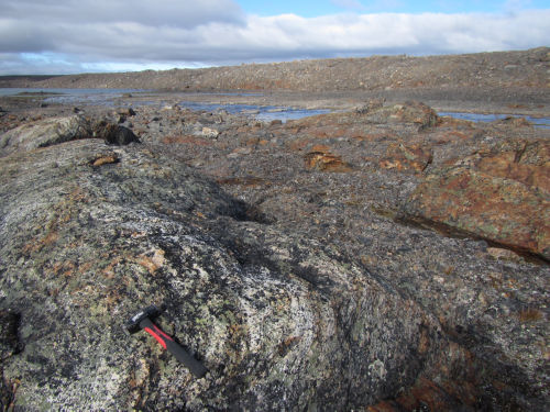 Photo 2022-351 : Field exposure of semipelite cut by quartz diorite (below hammer)