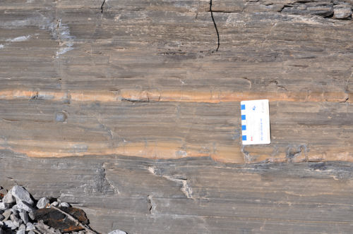 Photo 2022-381: Fig. 8C. Fine-grained graded beds (CDE and DE Bouma sequences) in the basal portion of Banff Formation.