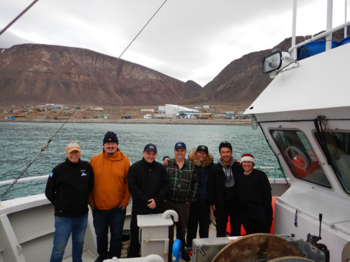 Photo 2022-433 : Crew and science participants of the 2022Nuliajuk scientific cruise, pictured in front of Ausuittuq. From left to right:, Alfred Burton, James  ...
