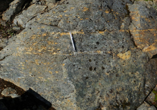 Photo 2022-497 : Hybrid olivine clinopyroxenites of the Lunar Creek complex. Field relations illustrate the spatial association between thin veins/septa of dunite  ...